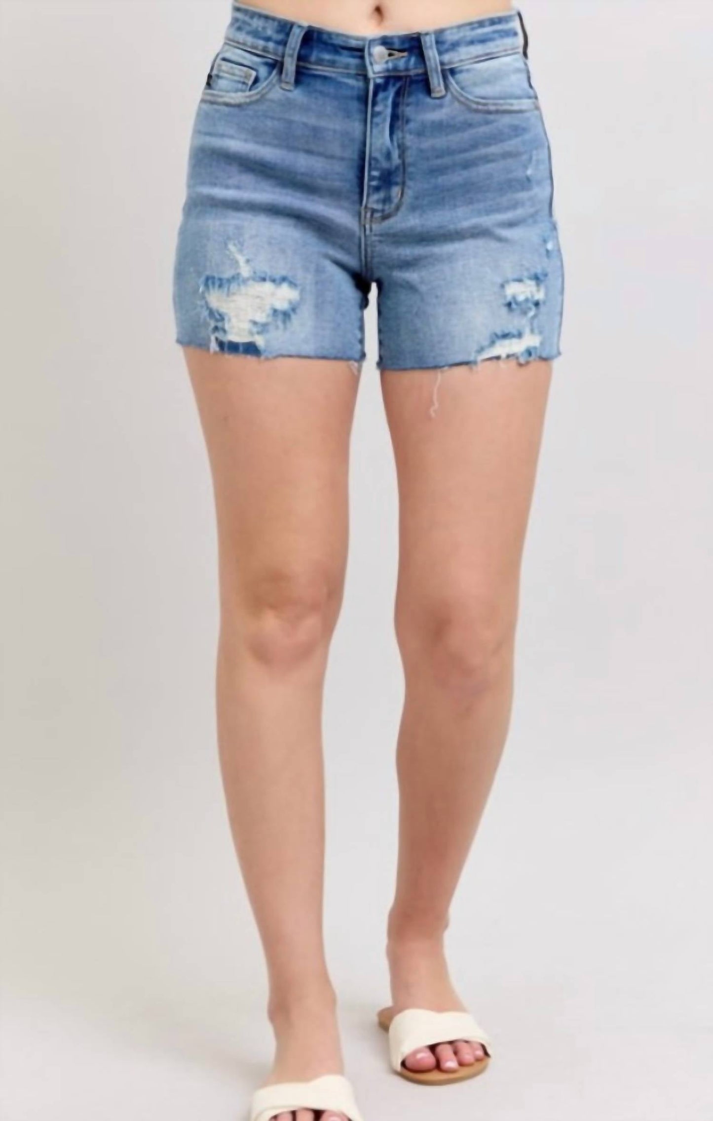 Judy Blue - High Waist Denim Shorts With Stitch Over Destroy Detail