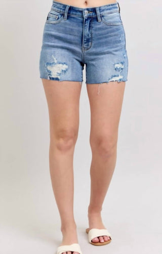 Judy Blue - High Waist Denim Shorts With Stitch Over Destroy Detail