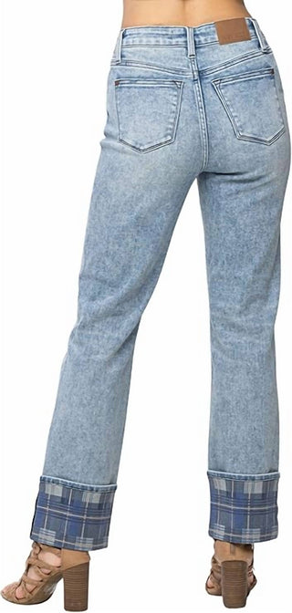 Judy Blue - Calça Jeans Vintage Reta Xadrez de Cintura Alta e Punhos