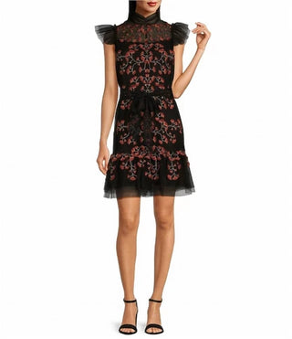 Alex Marie - Liesl Floral Embroidered Mesh Mock Neck Dress