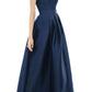 Alfred Sung Strapless Satin Twill A-Line Gown in Midnight, Size 8
