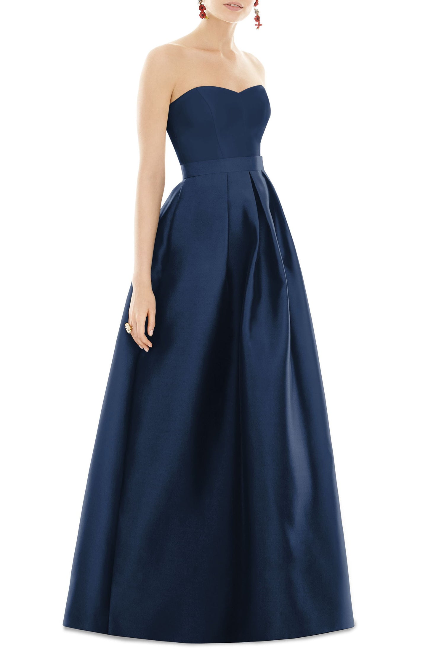 Alfred Sung Strapless Satin Twill A-Line Gown in Midnight, Size 8