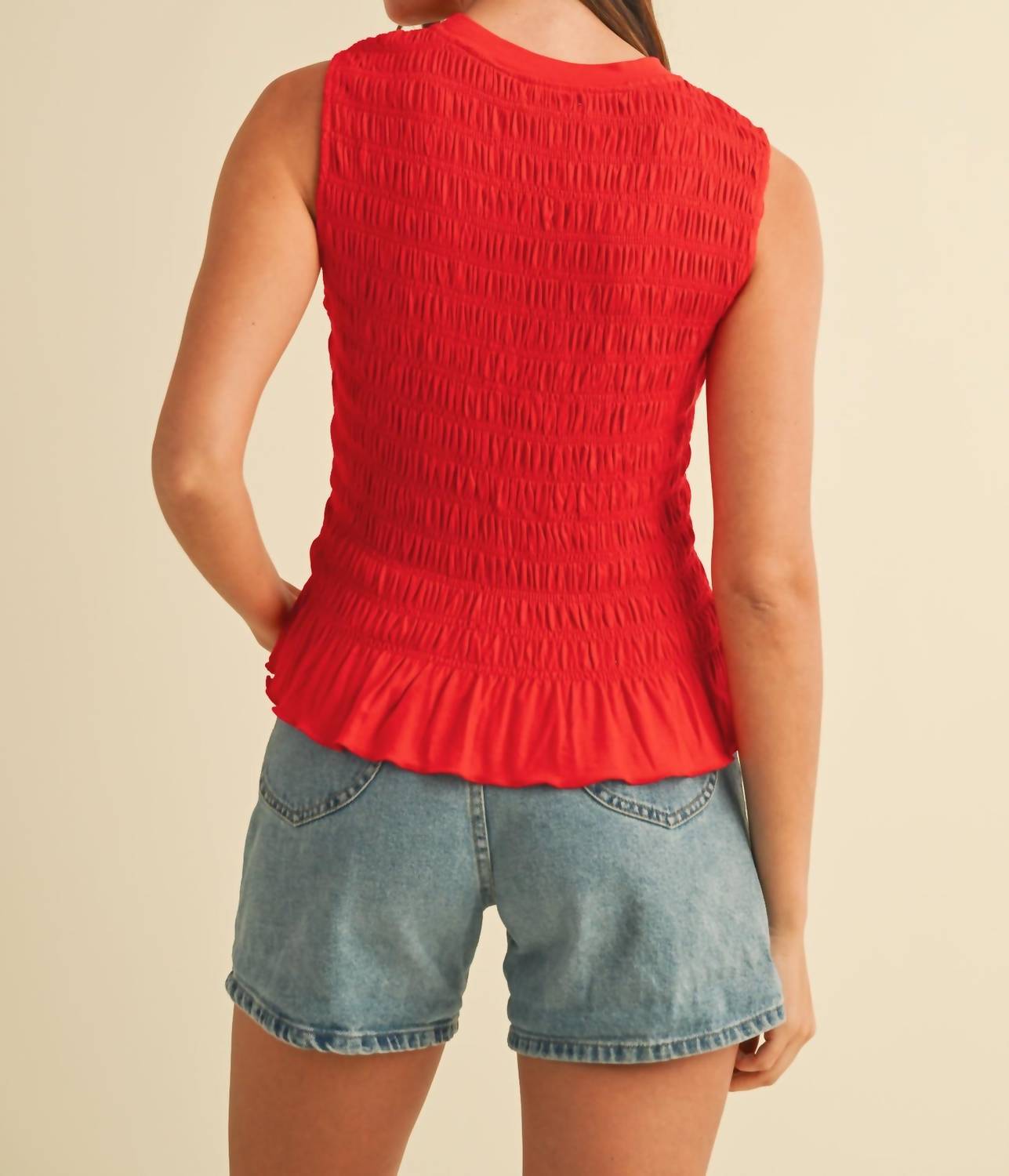 Anniewear - Smocking Detail Ruffle Hem Knit Top