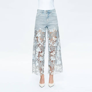 Bayeas - High Rise Wide Leg Jeans With Lace Spliced