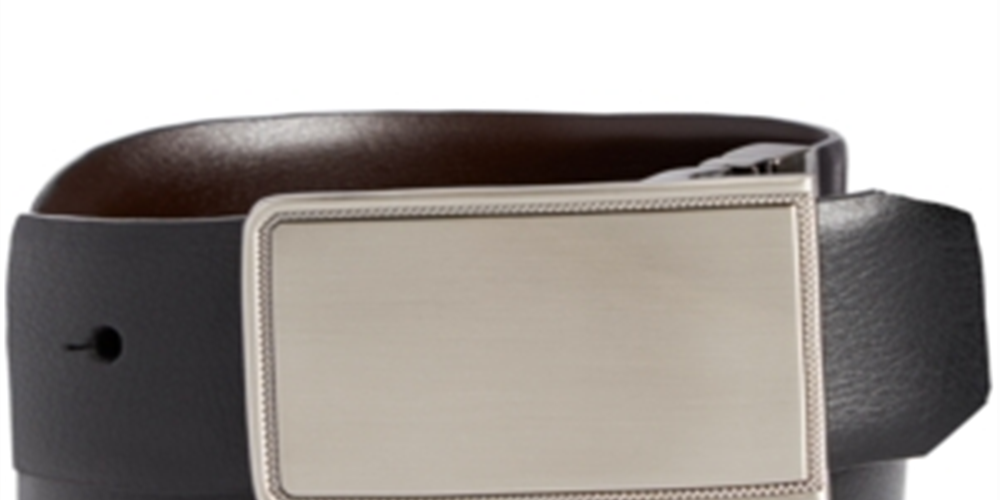 Perry Ellis Cinto social masculino de couro com fivela reversível e placa, preto, tamanho 32
