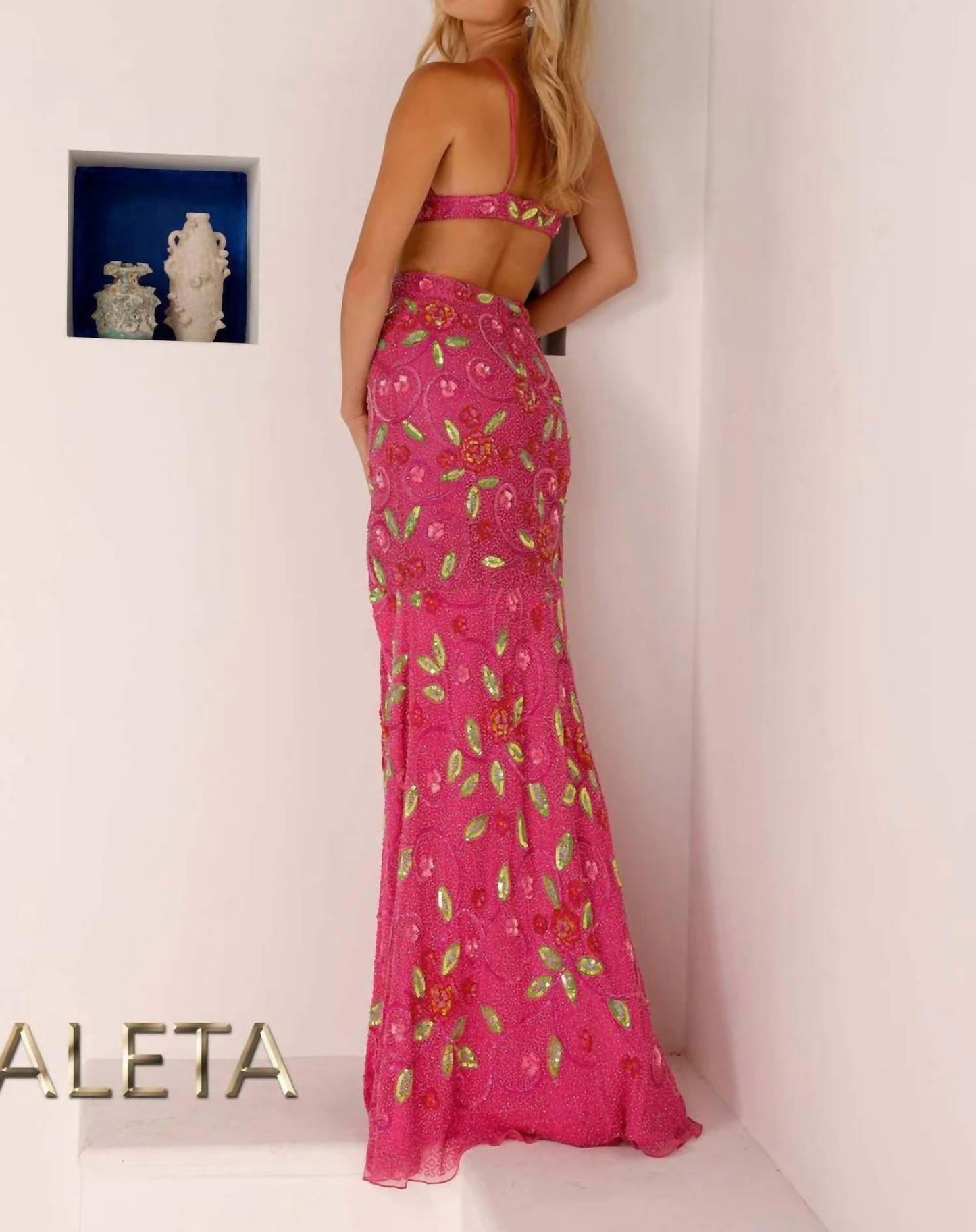 Aleta - Floral Sequin Embellished Halter Neck Prom Dress