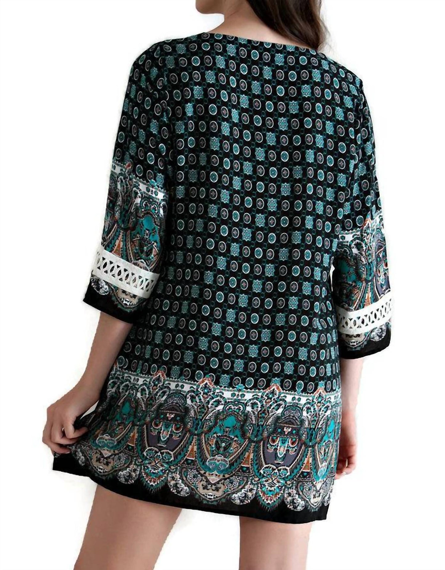 Entro - Border Print Lace up Tassel Tie Dress