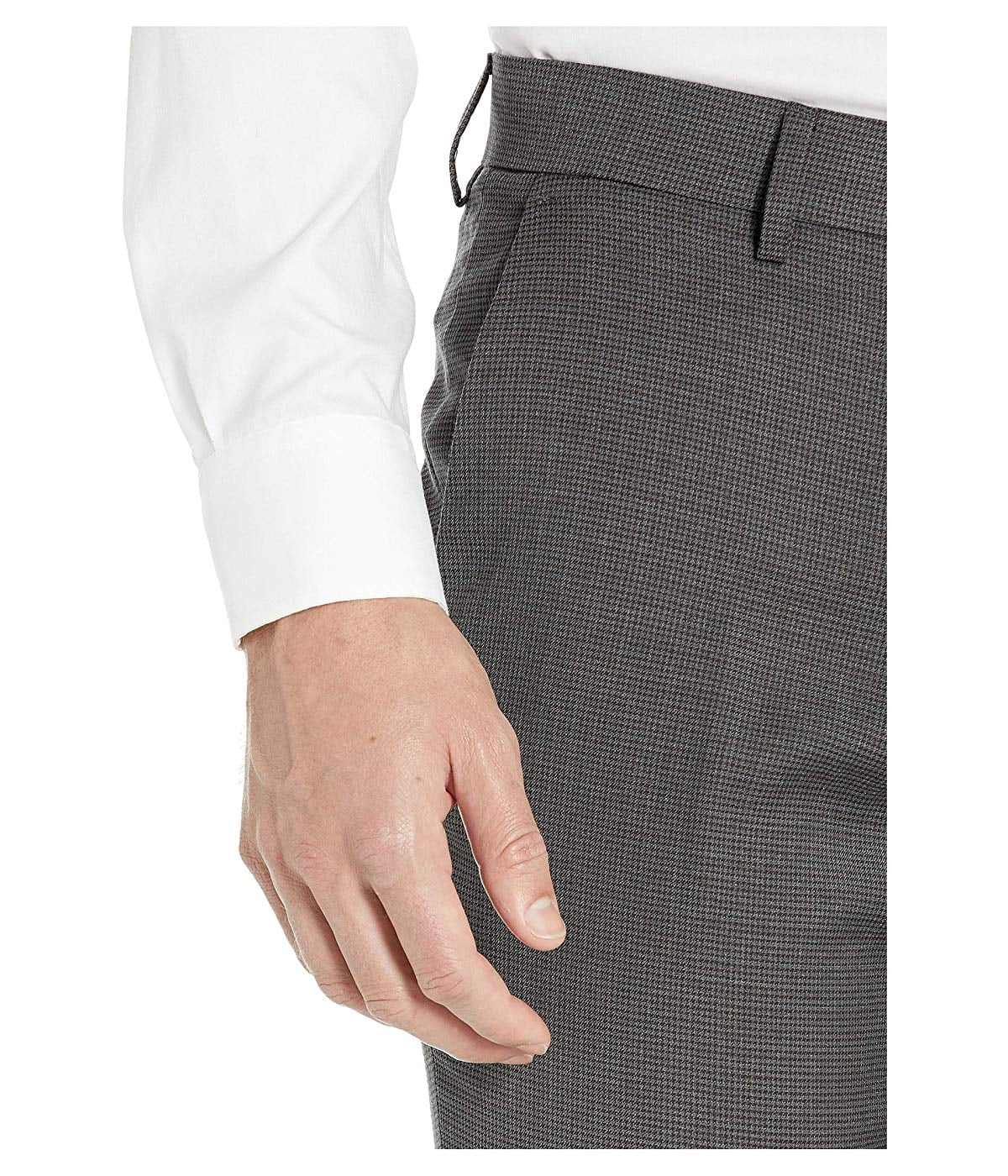 Calça social masculina Kenneth Cole Reaction com estampa xadrez micro elástica e corte skinny pied-de-poule, frente lisa, cinza, tamanho 34x32