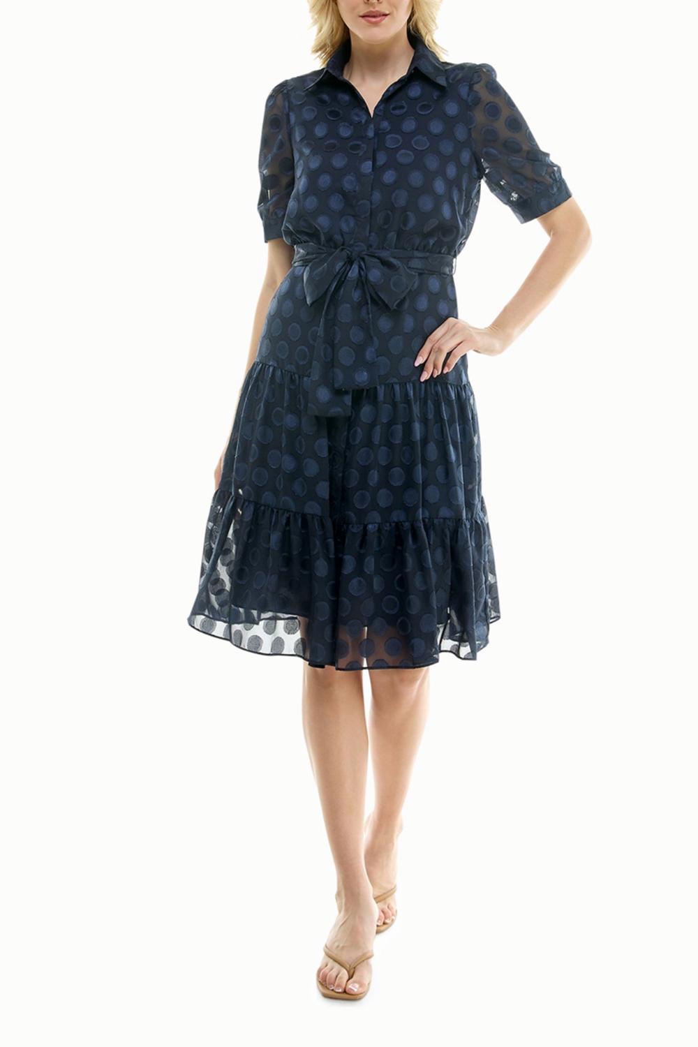 Nicole Miller - Dotted Collared Belted Shirt Dress