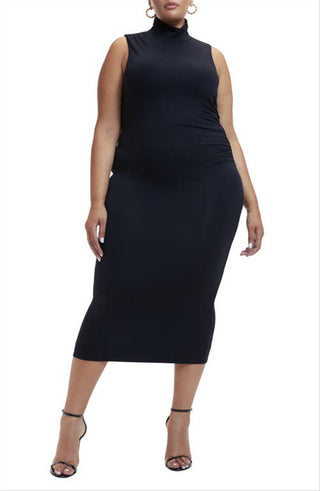 Vestido midi justo preto Good American, gola alta sem mangas, tamanho 3