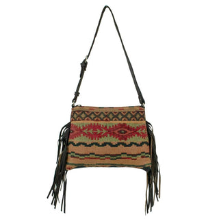 American West - Women's Hand Woven Tapestry Zip Top Shoulder Bag With Fringe