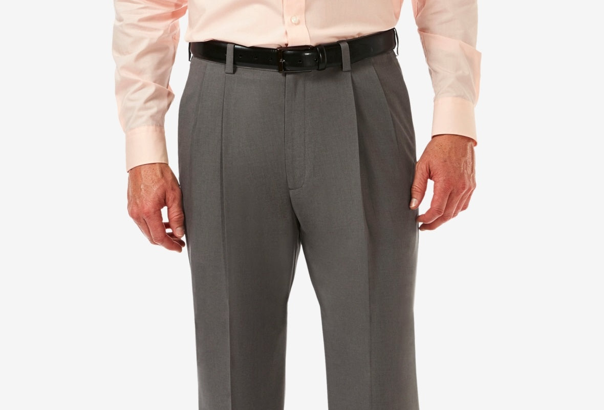 Calça social Haggar Cool 18 Pro Classic Fit, cintura expansível, plissada, elástica, tamanho cinza, 42x29
