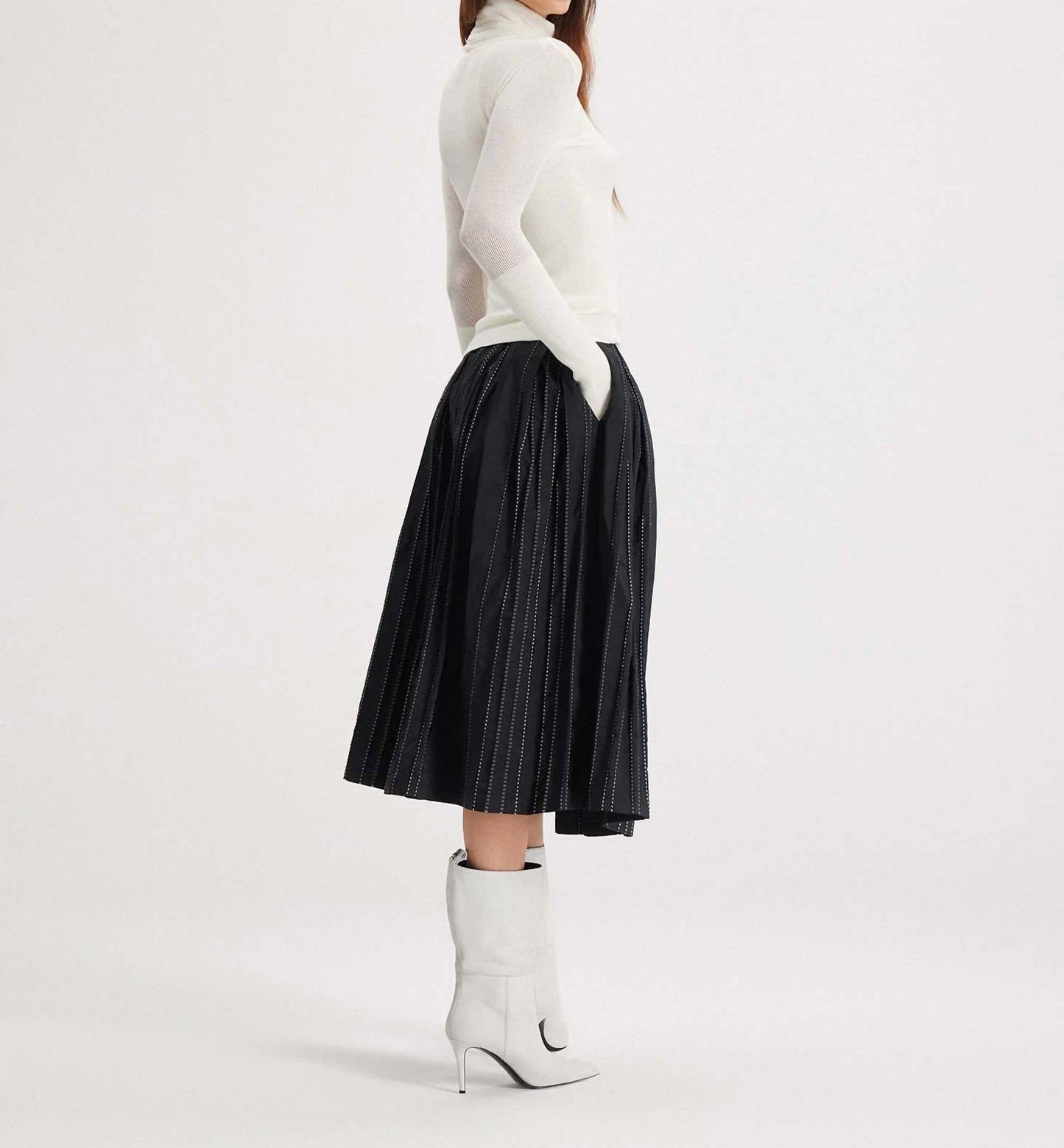 Theo The Label - Women's Theia Striped Taffeta Pleated Midi Skirt