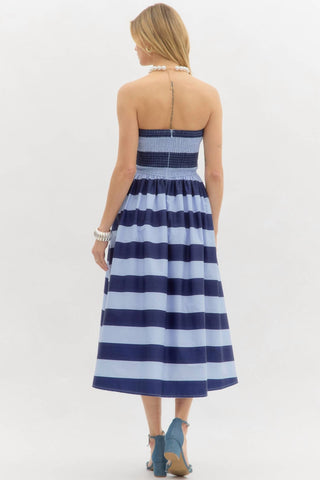 Entro - Stripe Print Strapless Pleated Midi Dress