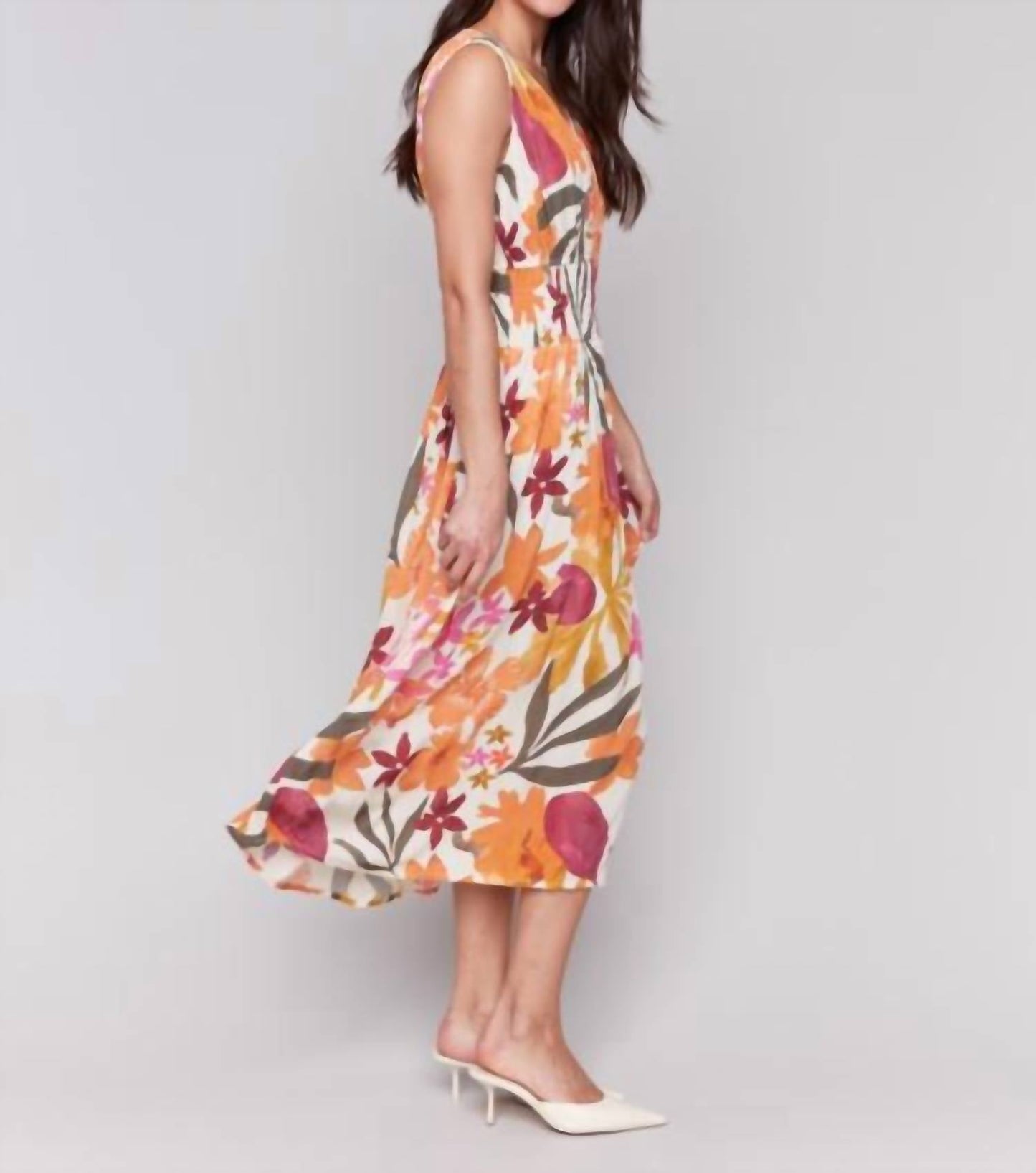 Charlie B - Printed Sleeveless V-neck Dress With Ruching At Empire Waist