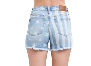 Judy Blue - Mid Rise Stars & Stripes Bleach Denim Short