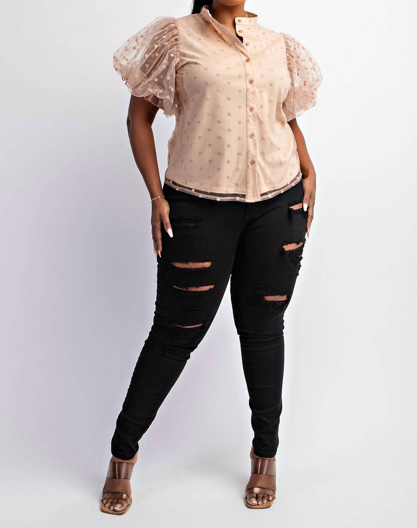 The Curve La - Plus Size Dot Mesh Knit Shirt With Puff Sleeve