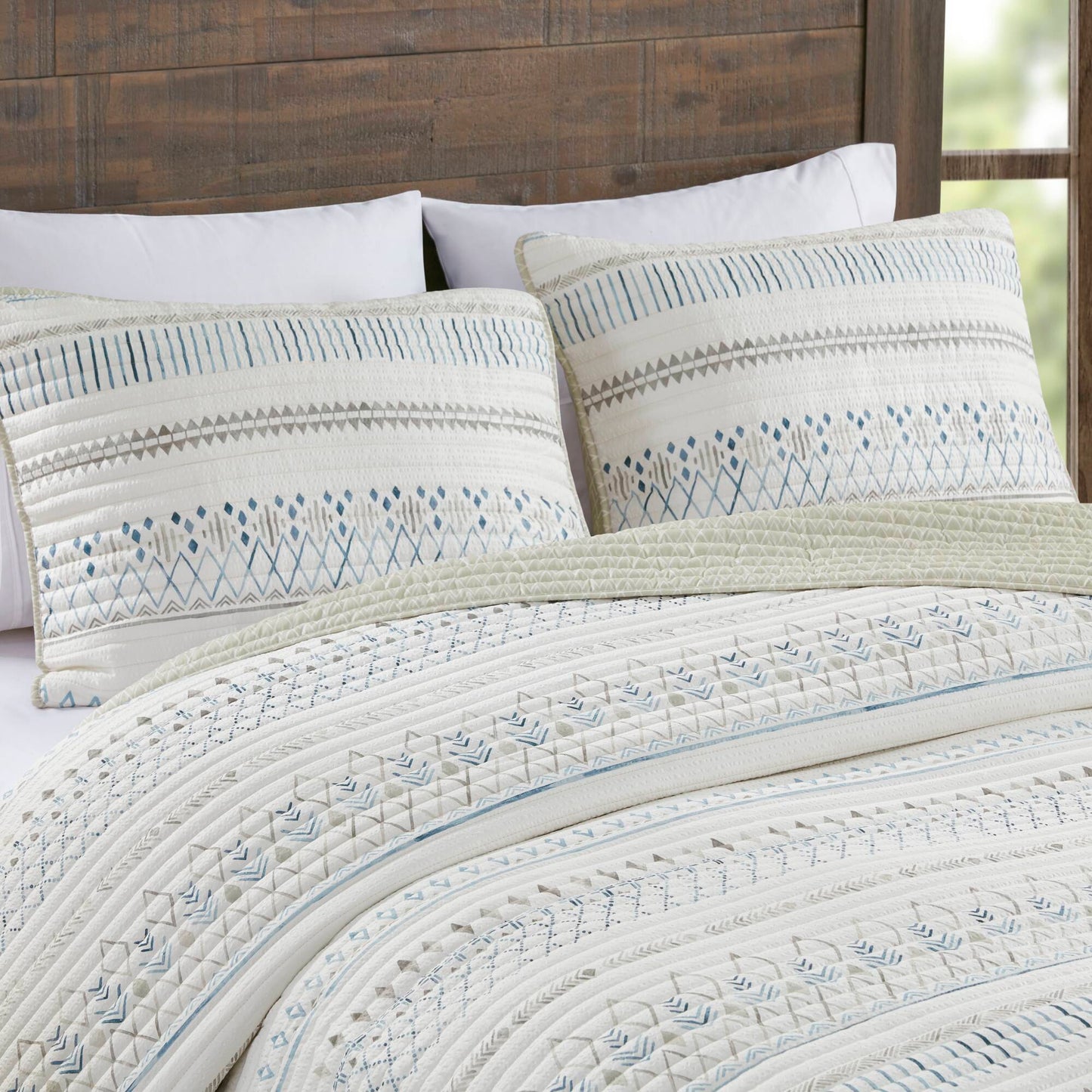 3 Piece Printed Microfiber Seersucker Quilt Set Taupe/Blue Full/Queen