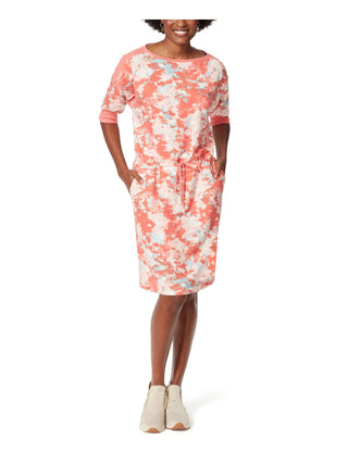 Vestido moletom feminino Anne Klein com bolsos elásticos, cordão na cintura, acabamento canelado, estampado, manga cotovelo, gola canoa, comprimento até o joelho, vermelho, tamanho grande