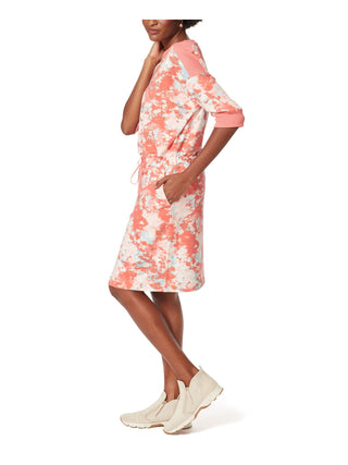 Vestido moletom feminino Anne Klein com bolsos elásticos, cordão na cintura, acabamento canelado, estampado, manga cotovelo, gola canoa, comprimento até o joelho, vermelho, tamanho grande