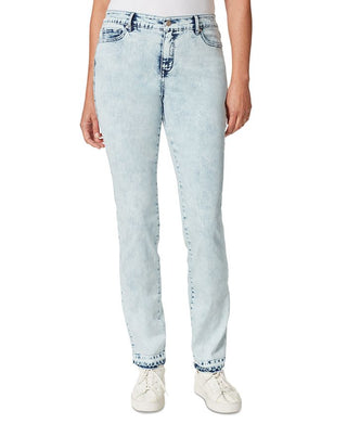 Calça jeans feminina Gloria Vanderbilt com zíper e bolsos, bainha crua, lavagem ácida, perna reta, azul, tamanho 14