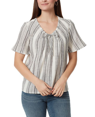 Anne Klein Pulôver texturizado feminino com logo e listras, manga curta, gola redonda, tamanho extragrande