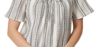 Anne Klein Pulôver texturizado feminino com logo e listras, manga curta, gola redonda, tamanho extragrande