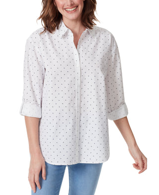 Blusa feminina Gloria Vanderbilt Amanda com bolinhas, ajuste relaxado, botões, branca, tamanho médio