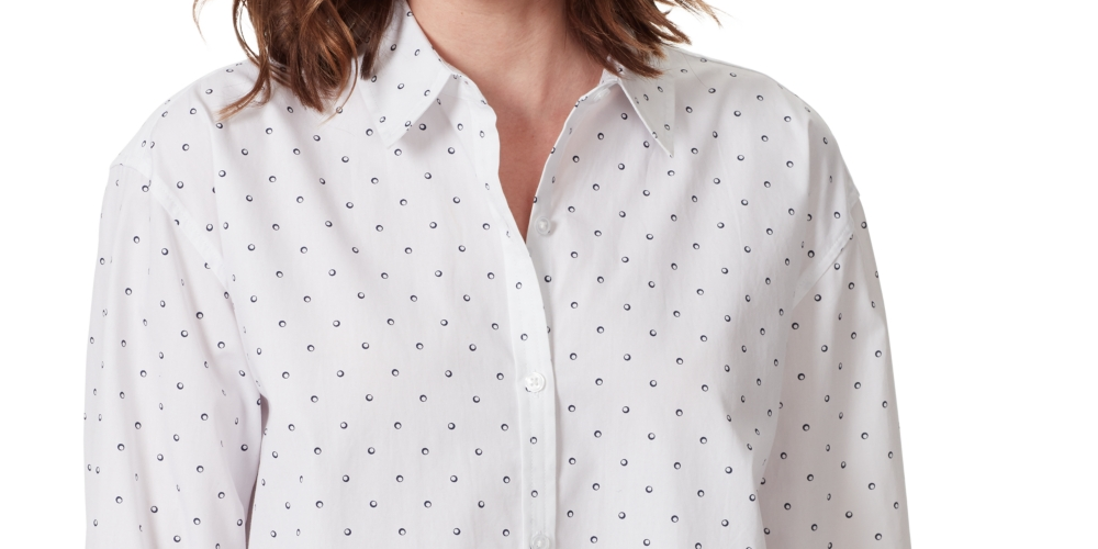Blusa feminina Gloria Vanderbilt Amanda com bolinhas, ajuste relaxado, botões, branca, tamanho médio