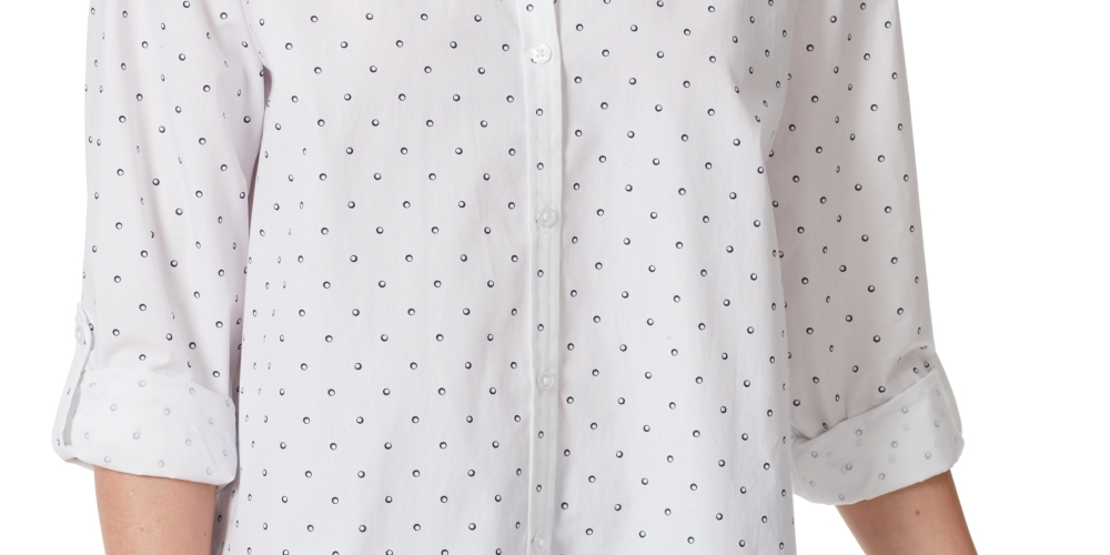 Blusa feminina Gloria Vanderbilt Amanda com bolinhas, ajuste relaxado, botões, branca, tamanho médio