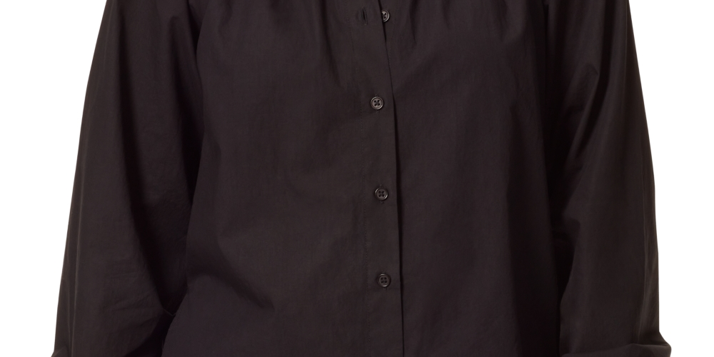 Blusa feminina Anne Klein Jo Popeline com gola plissada, preta, tamanho pequeno