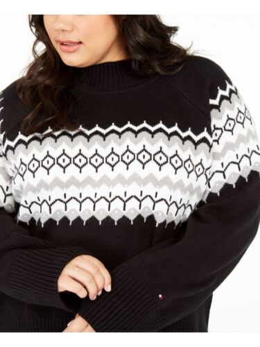 Tommy Hilfiger Suéter feminino plus size Fair Isle com gola alta, preto, tamanho 3X