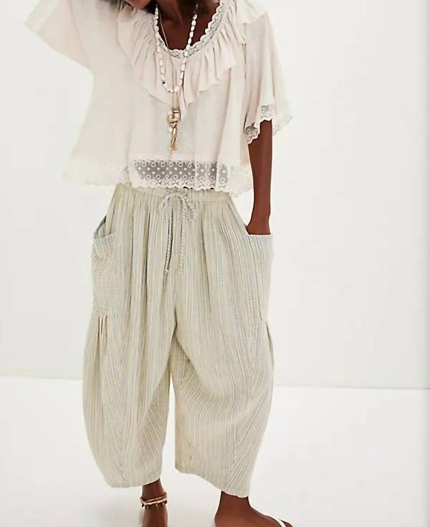 Free People - Lulu Knit Billowy Ruffle Lace Trim V-neck Top