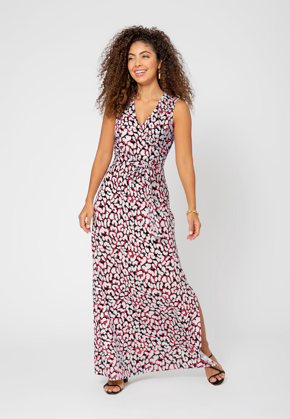Vestido longo sem mangas Leota feminino, perfeito, com estampa de leopardo e pomba, branco