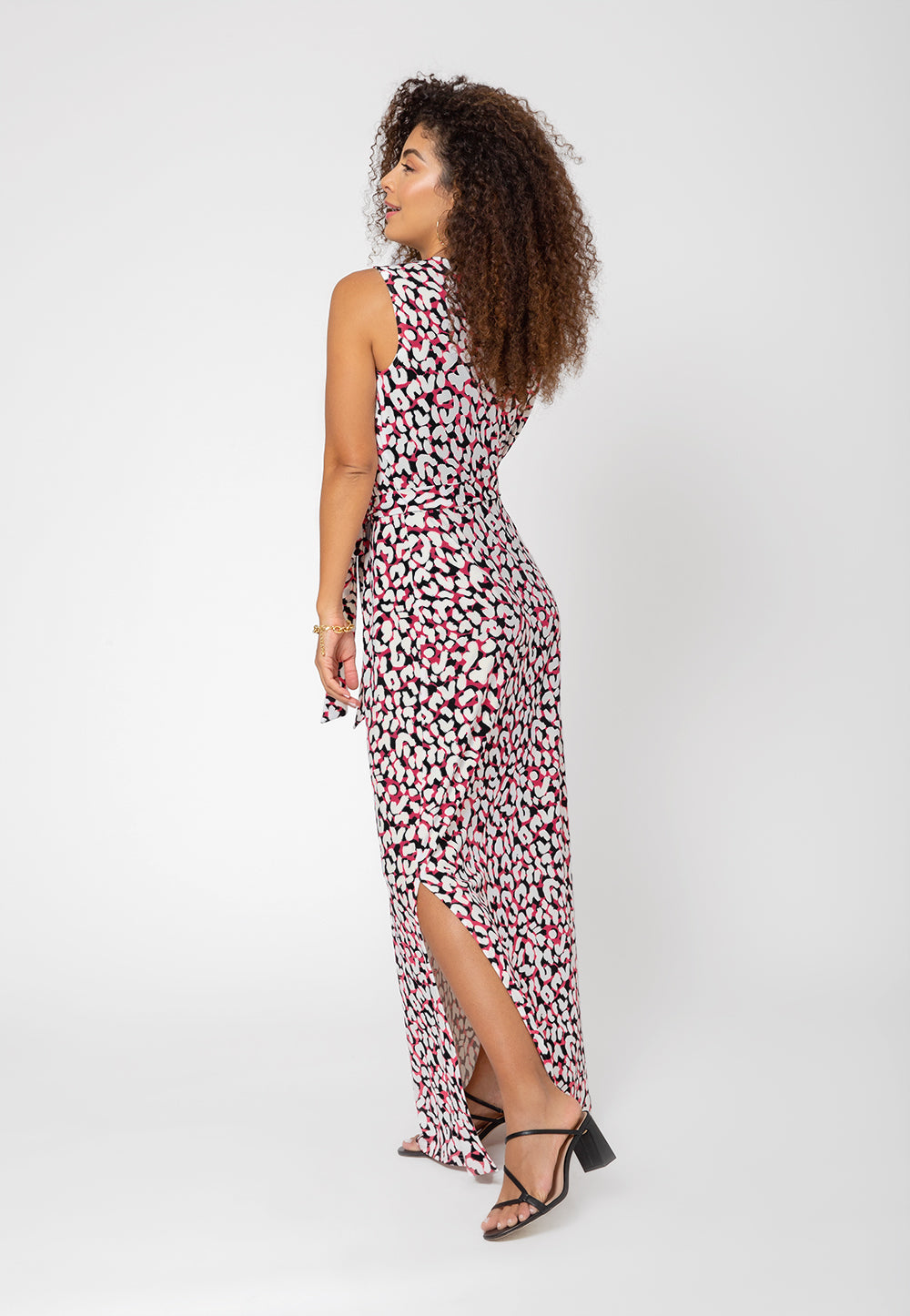 Vestido longo sem mangas Leota feminino, perfeito, com estampa de leopardo e pomba, branco