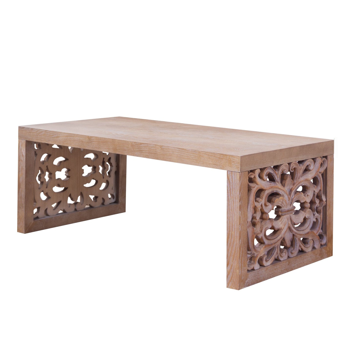 47.2 Rustic Carved Wood Coffee Table – Handcrafted Look with Ornate Side Panels