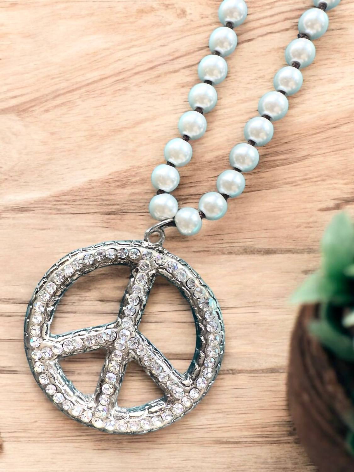A Rare Bird - Pearl & Rhinestone Peace Sign Necklace