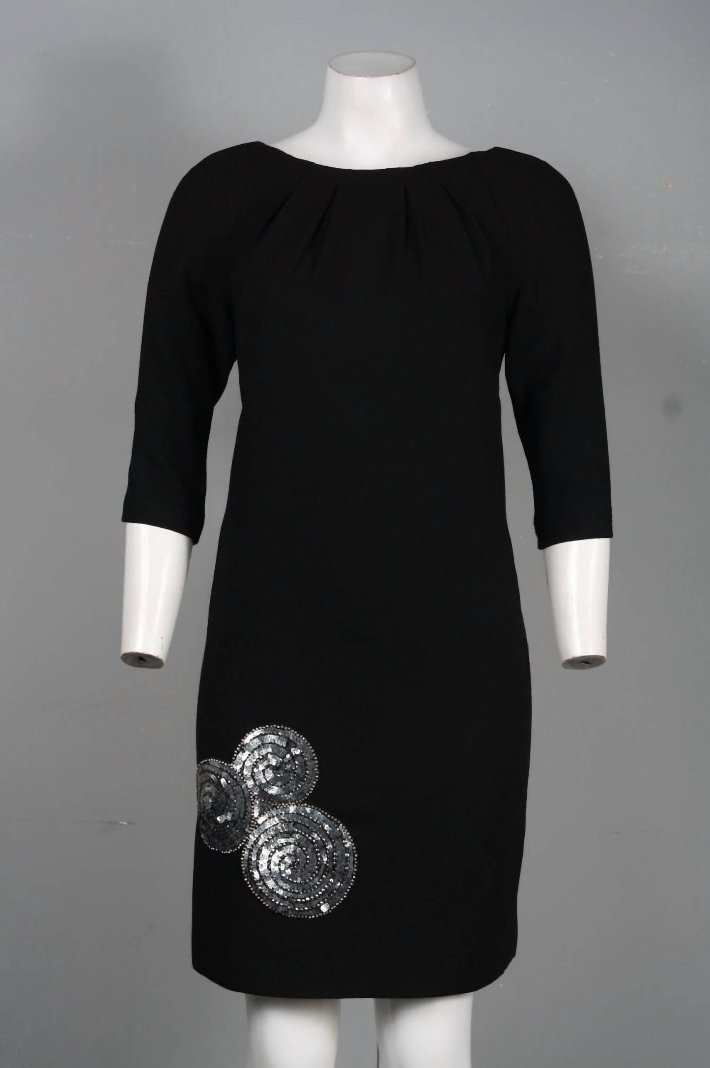 Theia - Elbow Sleeve Embellished Bottom Detail Wool Blend Dress