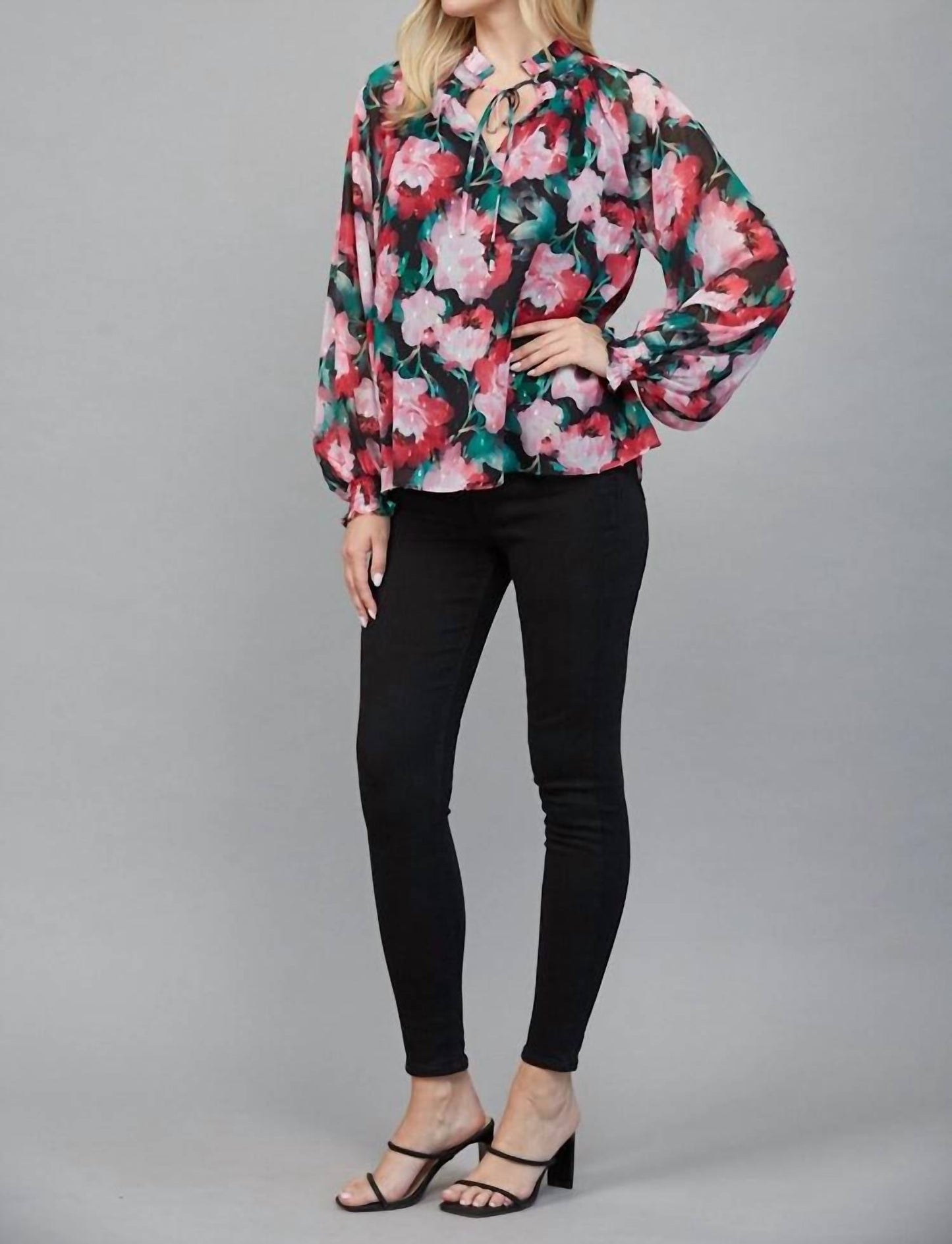 61 Jane - Women's Floral Keyhole Tie Neck Blouse