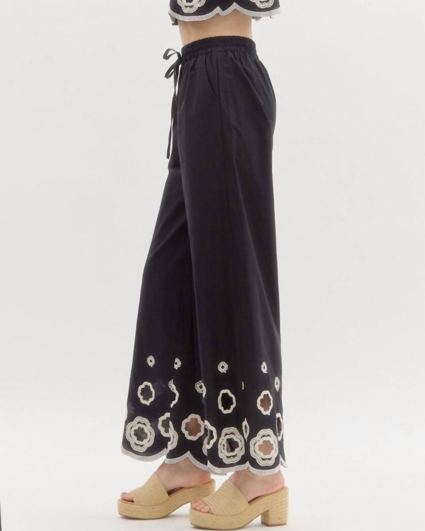 Entro - Scallop Embroidered Hem Wide Leg Pants