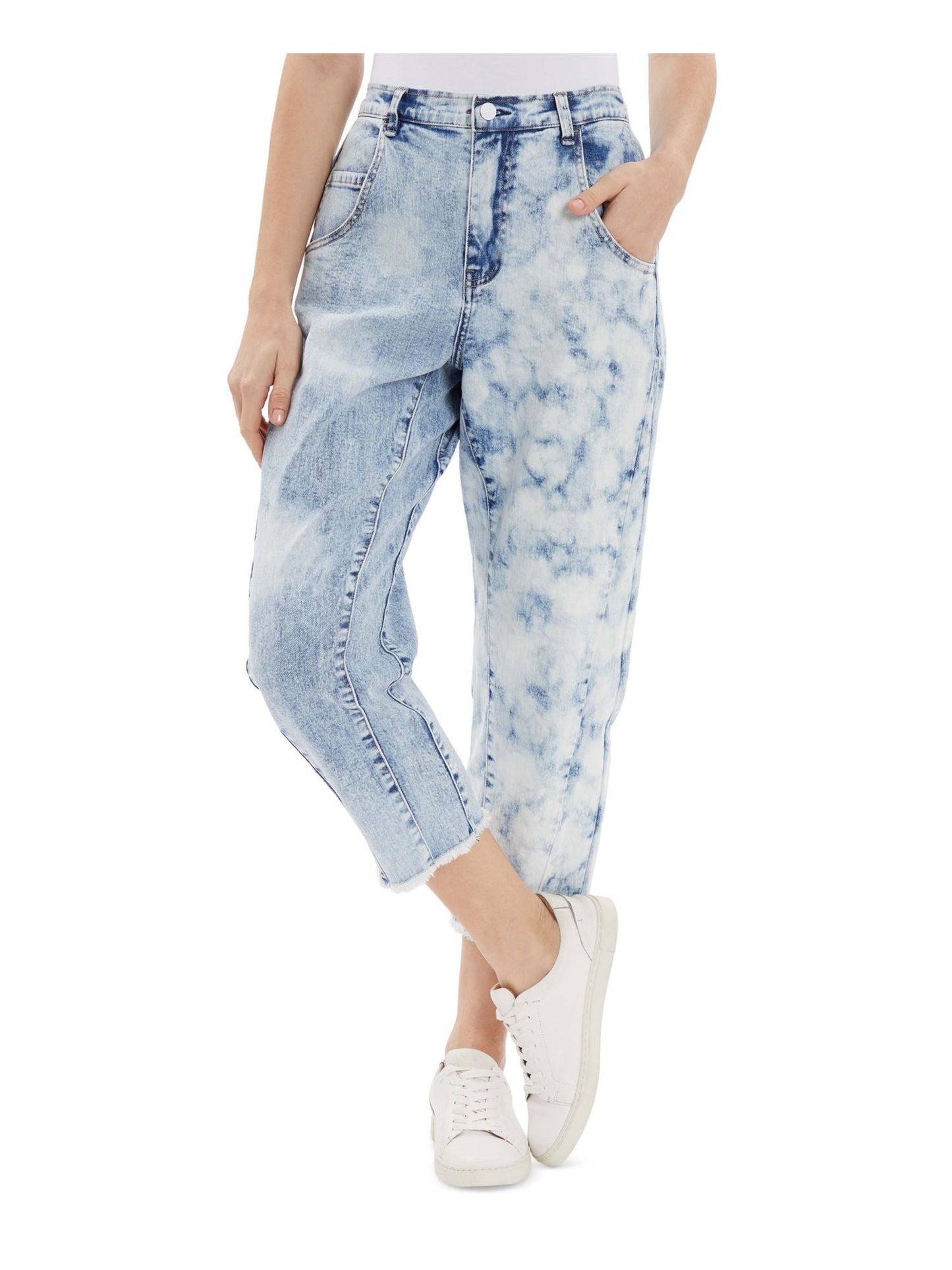 Calça jeans feminina desfiada, com bolso, zíper, fecho de botão, cintura elástica, cor crua, cortada, azul, tamanho 26