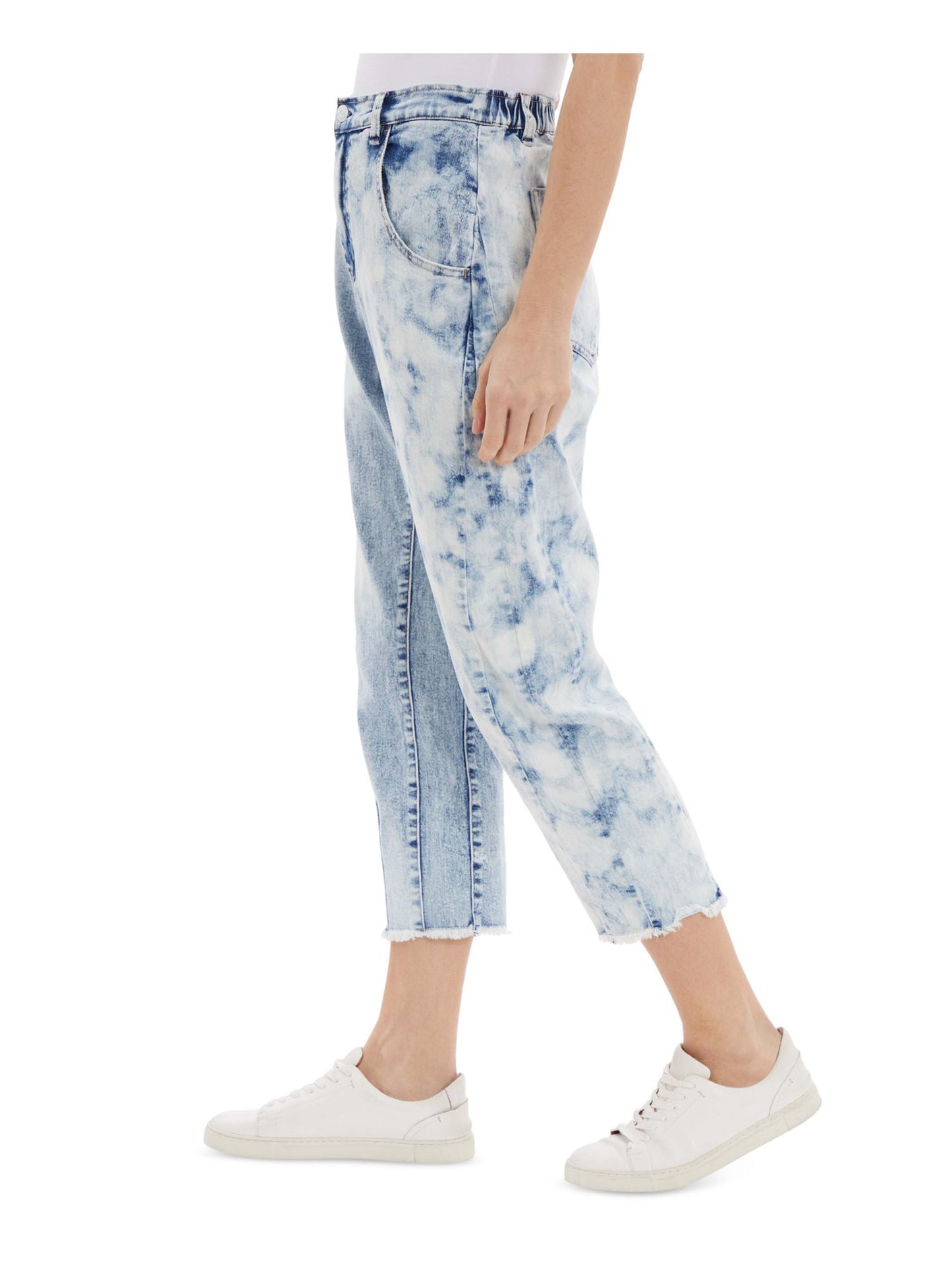 Calça jeans feminina desfiada, com bolso, zíper, fecho de botão, cintura elástica, cor crua, cortada, azul, tamanho 26