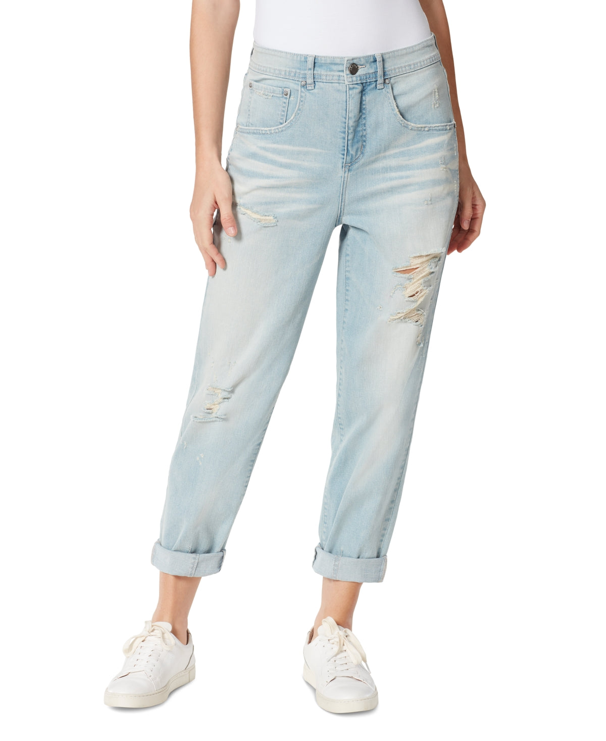 Calça jeans feminina desfiada, afunilada, estilo boyfriend, azul, tamanho 26