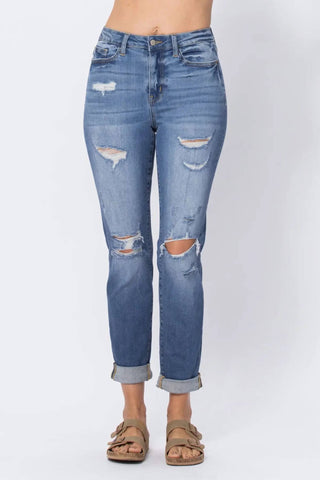 Judy Blue - Calça Jeans Boyfriend Destroyed com Punho e Cintura Alta