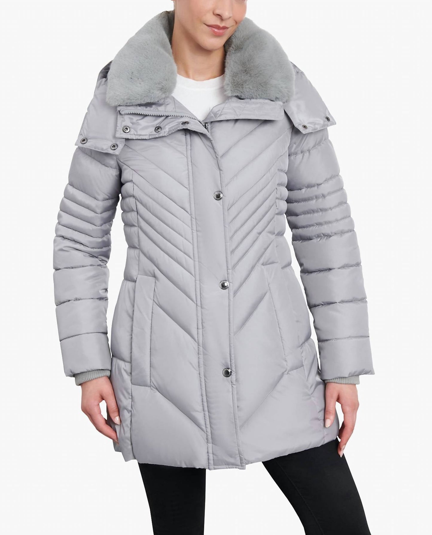 London Fog - Petite Zip-front Hooded Puffer Jacket With Button-off Fur Collar
