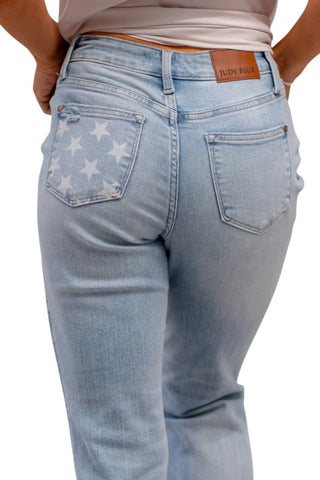 Judy Blue - Calça jeans estilo boyfriend com cintura média e punho American Stars