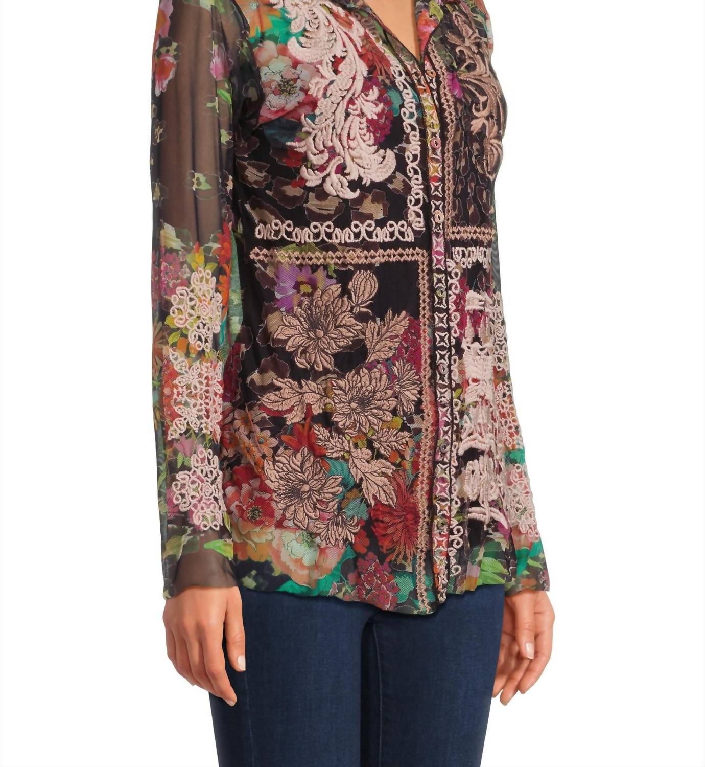 Johnny Was - Mazzy Embroidered Floral Button Front Blouse