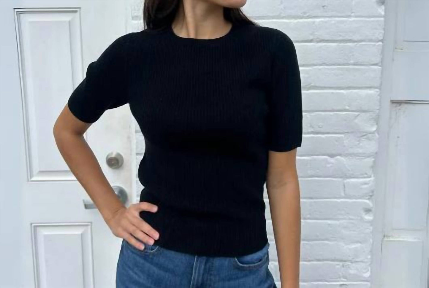 Repeat Cashmere - Cashmere Blend Short Sleeve Rib Knit Sweater