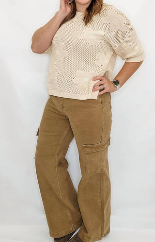 Risen - Calça Jeans Cargo de Cintura Alta e Bolso Largo