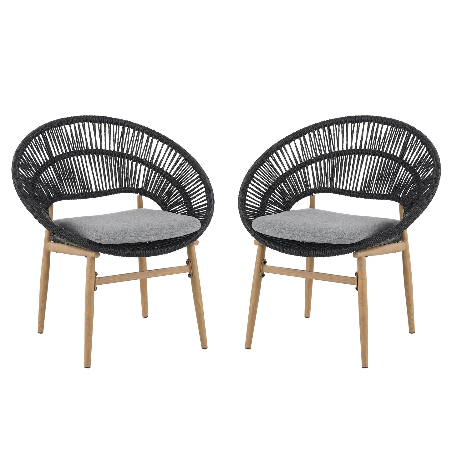 Cyril Outdoor Wicker Papasan Style Dining Chair with Teak Finished Leg and Dark Gray Faux Rattan - Set of 2